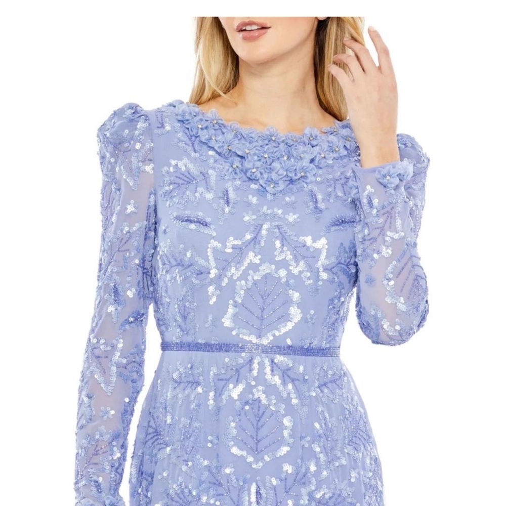 Mac Duggal Periwinkle Floral Ruffle Neck Long Sleeve Sequin Midi Dress Size 6 - Picture 2 of 4